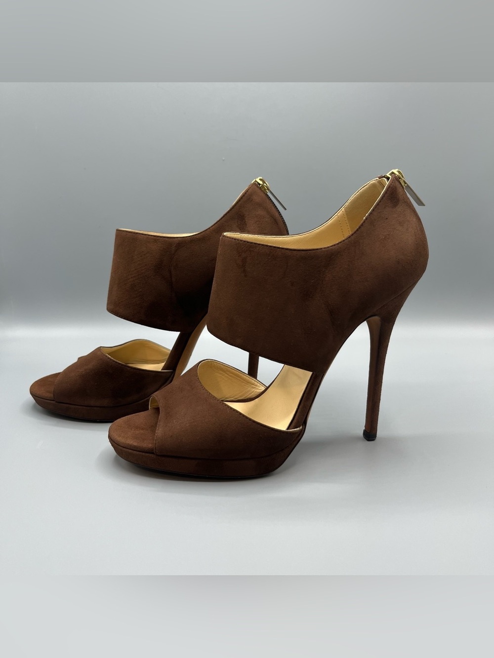 Jimmy Choo London Brown Suede Peep Toe Platform Heels Women EU 39.5 Italy 9.5 US - Picture 2 of 16